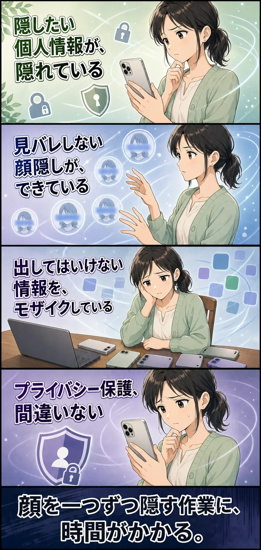 顔を一つずつ隠し複数アプリを往復する手間