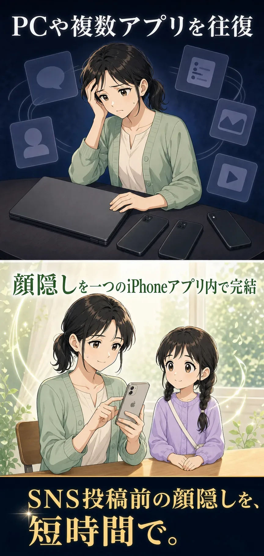 複数アプリ往復と一つのiPhoneアプリ完結の比較